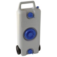 Grå 35-liters avloppstank med blått skruvlock, handtag och hjul för enkel transport.
